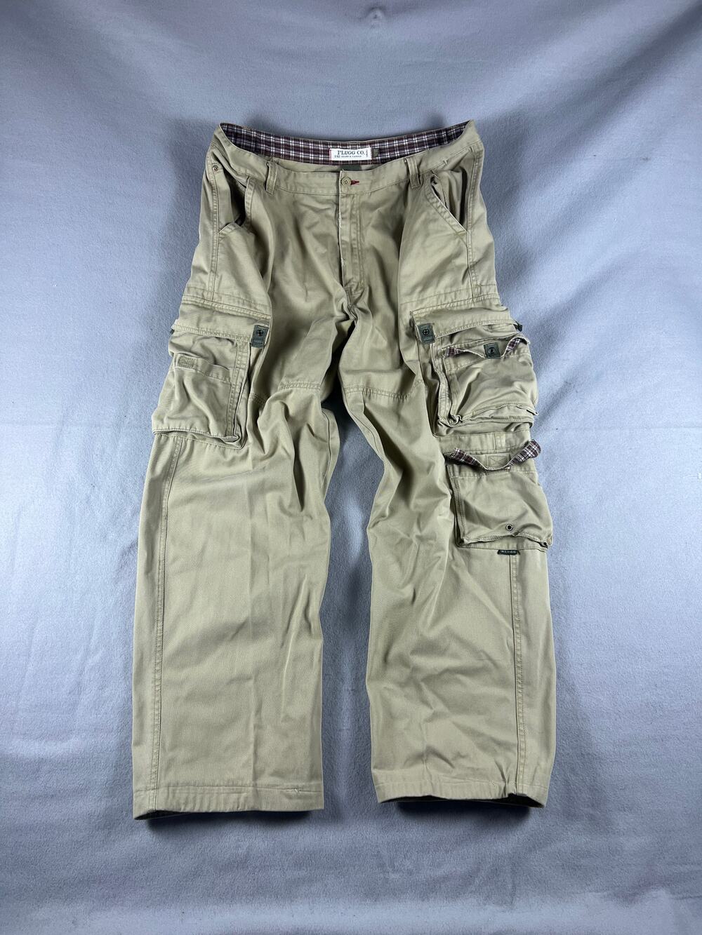 Plugg Cargo Pants Mens 36x32 Tan Plaid Waist Trim Relaxed Fit Utility Y2K Skate